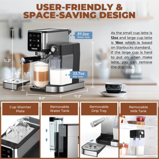 TENKER Espresso Machine 20 Bar, Cappuccino Machine with Automatic Milk Frother, Latte Machine in Stainless Steel Design, 1350W Touchscreen Coffee Maker for Home and Office (Silver) - Image 5