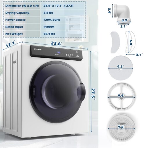 COSTWAY Compact, Touch Panel, 2 Modes, 3 Heating Powers and Adjustable Exhaust Vent, 8.8 LBS Front Load Tumble Laundry Apartment, Dorm and Home, 1400W, White Portable Dryer - Image 4