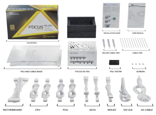 Seasonic Focus GX-750 White ATX3, 750W 80+ Gold Full-Modular, Fan Control in Fanless, Silent, Cooling Mode, 10 Year Warranty, Power Supply for Gaming and Various Application, SRP-FGX751-A5A32SF. - Image 5