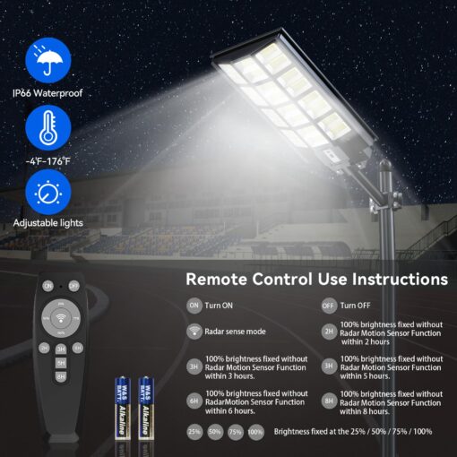 Solar Street Light Solar Street Lights Outdoor Dusk to Dawn Solar Power Lights IP66 Waterproof 6500 K LED Street Light with Motion Sensor and Remote Control for Parking Lot (7200, Watts) - Image 2