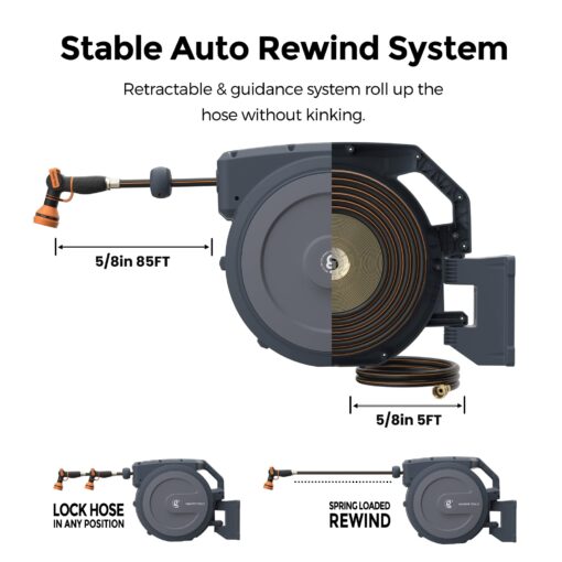 Giraffe Tools AW405/8MB Retractable Garden Hose Reel 5/8" x 90 ft PRO Metal Bracket, Heavy Duty, Any Length Lock Hose Reel, 90ft, Dark Grey - Image 3