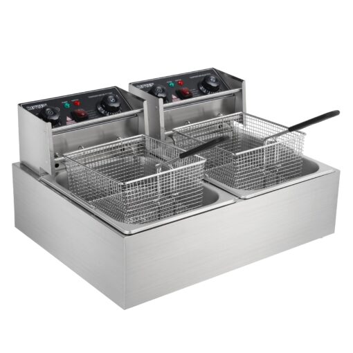 ROVSUN 22.8QT Electric Deep Fryer w/ 60-Min Timer, 5000W Dual Tank Commercial Deep Fryer w/Overheat Protection, Temperature Control & Baskets, Stainless Steel Countertop Fryer for Home Restaurant