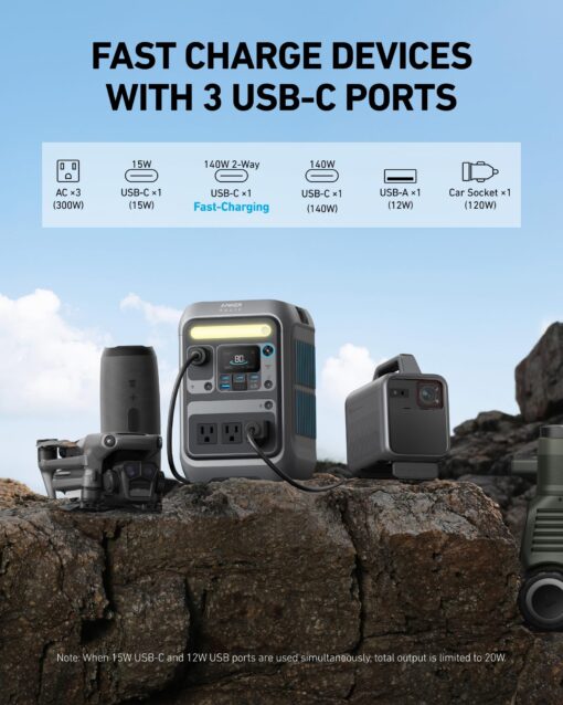 Anker SOLIX C300 Portable Power Station, Outdoor 288Wh LiFePO4 Battery, 300W (600W Surge) Solar Generator, 140W Two-Way Fast Charging, for Camping, Traveling, and Emergencies (Solar Panel Optional) - Image 7