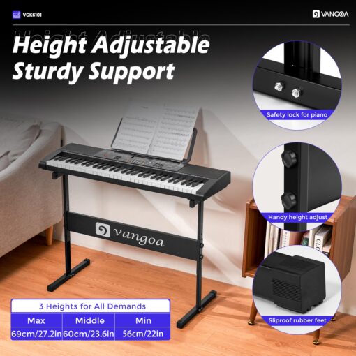 Vangoa 61 Key Keyboard Piano, Light-Up Electric Piano Keyboard Kit with 600 Voices, 400 Rhythms with Piano Stand, Microphone, Recording/USB, Gift for Beginners, Black (VGK6101) - Image 3
