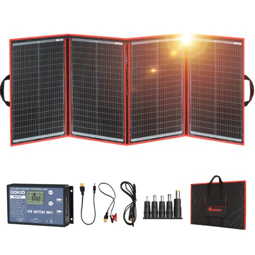 DOKIO 220W 18V Portable Solar Panel Kit Folding Solar Charger with 2 USB Outputs for 12v Batteries/Power Station AGM LiFePo4 RV Camping Trailer Car Marine