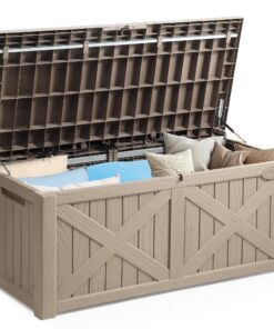 YITAHOME 120 Gallon Large Outdoor Storage Box with X-Shaped Front, Waterproof Resin Deck Box Cushion Storage Bench for Patio, Pool Supplies, Garden Tools- Lockable, Taupe