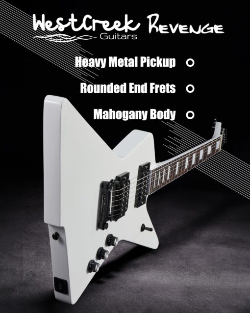 WestCreek Revenge Solid Body Electric Guitar, Heavy Metal Guitar, Right Handed, Heavy Metal Pickups, Rounded End Jumbo Frets, Bone nut, Rosewood Fretboard, Mahogany Body (White)… - Image 4