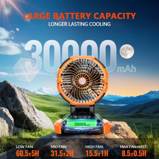 Portable Misting Fan, 30000mAh Rechargeable Battery Powered, Floor Cooling Fan 4 Strong Winds, 4 Spray Mister, Adjustable Base for 10-13in Water Tank, Outdoor Fans for Camping(No Bucket Included) - Image 7