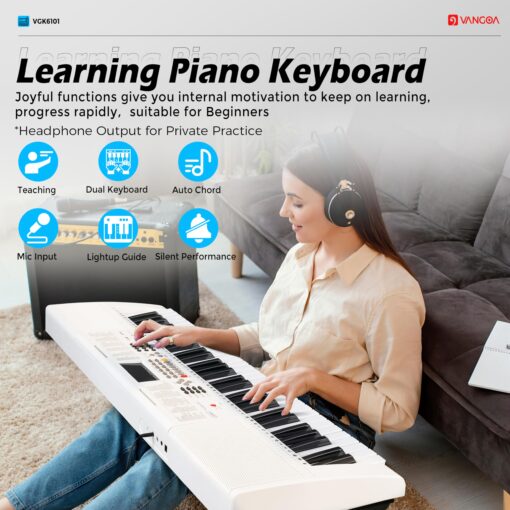 Vangoa Keyboard Piano 61 Key, Full Size Electric Piano Keyboard Light UP Keys with 3 Teaching Modes, Learning Music Keyboard Piano with Stand Headphones for Beginners Students, VGK6101 White - Image 6