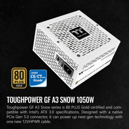 Thermaltake Toughpower GF A3 Snow Edition 1050W 80+ Gold Full Modular SLI/Crossfire Ready ATX 3.0 Power Supply; PCIe Gen.5 600W 12VHPWR Connector Included; PS-TPD-1050FNFAGU-N; 10 Year Warranty - Image 6