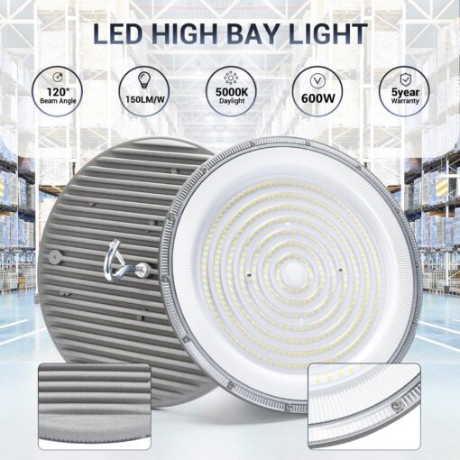 XYCN 2 Pack 600W UFO Led High Bay Light,120VAC,5000K Daylight Commercial Bay Lighting,IP66 Waterproof,85050LM,2550W MH/HPS with Plug Area Lighting for Warehouse/Shop/Workshop/Garage/Barn/Gym/Factory - Image 3