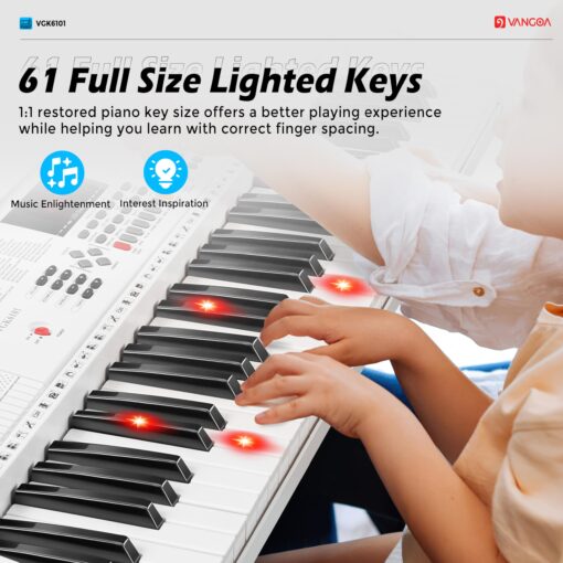 Vangoa Keyboard Piano 61 Key, Full Size Electric Piano Keyboard Light UP Keys with 3 Teaching Modes, Learning Music Keyboard Piano with Stand Headphones for Beginners Students, VGK6101 White - Image 5
