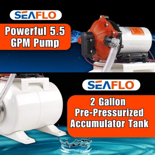SEAFLO Marine Water Pump 12 V DC 60 PSI 5.5 GPM 2 Gallon Accumulator Tank System | Accumulator Pressure Boost System for Smooth and Quiet Operation | 4-Year Warranty - Image 8