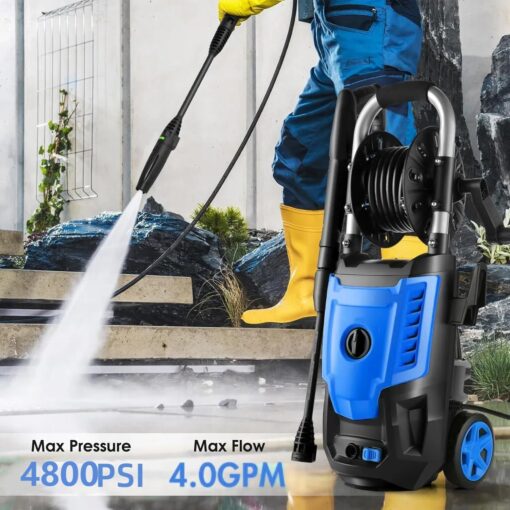 4800 PSI Electric Pressure Washer- 4.0 GPM High Power Washer with 33FT Hose Reel, 4 Spray Tips and Soap Bottle for Car Washing, Fence Cleaning, Patio Maintenance（Upgraded） (Blue) - Image 3