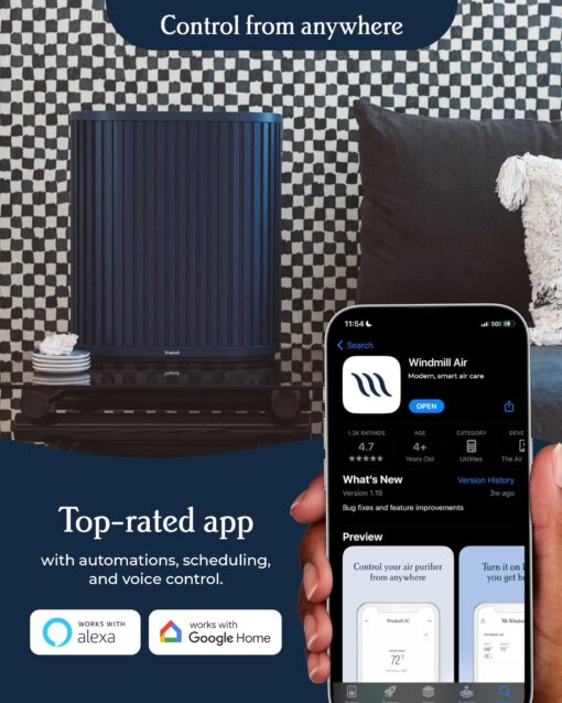 Windmill Air Purifier for Home - 3-In-1 Filtration for Smoke & More - True HEPA Filter, Activated Carbon, & Pre-Filter - Covers Up To 1950 sq ft - Ultra-Quiet - App Compatible - Navy - Image 2