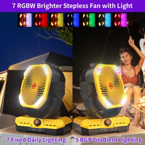 WESTTREE Battery Operated Large Airflow Fan,45000mAh Rechargeable Camping Cordless Fan with 360°Auto Oscillation & Timer, Queit Battery Powered Tent Fans Portable with RGBW Lights for Home X66 Yellow - Image 5