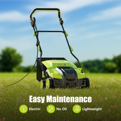16-Inch Electric Dethatcher and Scarifier, YERYORK 2-in-1 Lawn Dethatcher with Powerful 15 AMP Motor 14.5Gal Collection Bag 5-Position Depth Foldable Handle for Lawns & Garden (Green) - Image 3