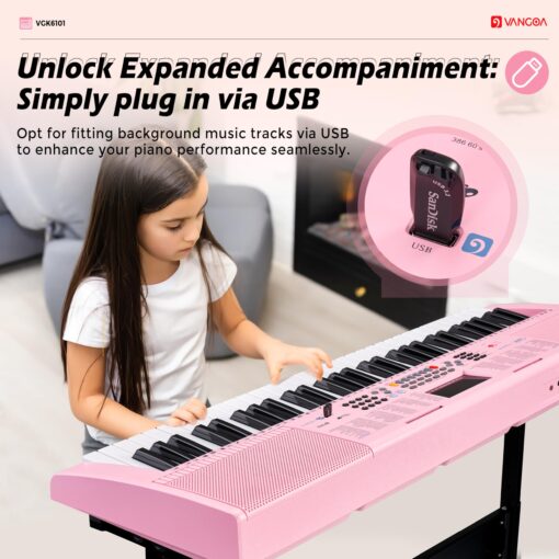 Vangoa Pink Piano Keyboard 61 Key, Electric Keyboard Kit Portable Music Keyboard for Kids Students with Microphone, 600 Tones, 400 Rhythms, 50 Demos, Gift for Beginners - Image 8