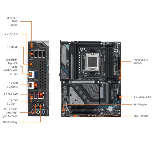 GIGABYTE X870 Gaming X WIFI7 AMD AM5 LGA 1718 Motherboard, ATX, DDR5, 3X M.2, PCIe 5.0, USB4, WIFI7, 2.5GbE LAN, EZ-Latch, 5-Year Warranty - Image 2