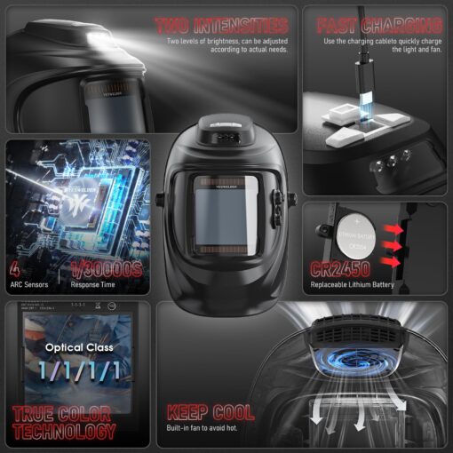 YESWELDER Auto Darkening Welding Helmet with Rechargeable Fan and Light, 3.93"X3.66"Large View 1/1/1/1 True Color 4 Arc Sensor Solar Powered Welding Hood, 3/5-9/9-13 Wide Shade Weld Mask LYG-30800H-W - Image 7