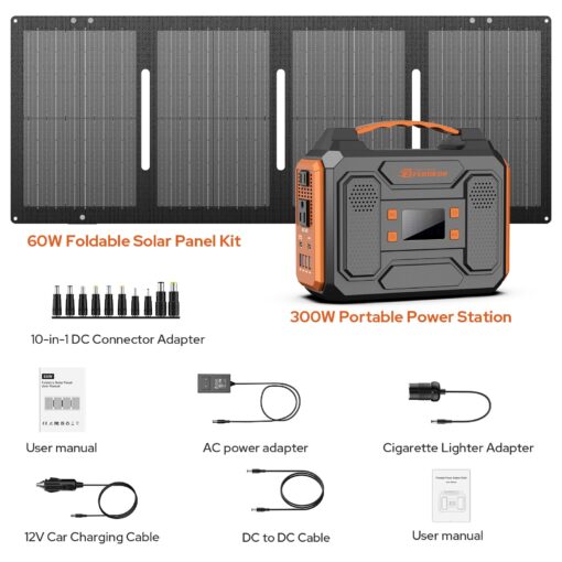 Portable Solar Generator, 300W Portable Power Station with Foldable 60W Solar Panel, 110V Pure Sine Wave 280Wh Lithium Battery Pack with USB DC AC Outlet for Home Use RV Van Outdoor Camping-Orange - Image 2