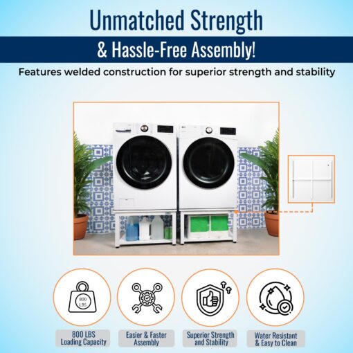 EZ Laundry - Laundry Pedestal for Washer/Dryer, 27" Anti-Vibration Steel Stand with Adjustable Feet Elevates 16", Includes Drain Pan & Hose (White) - Image 6