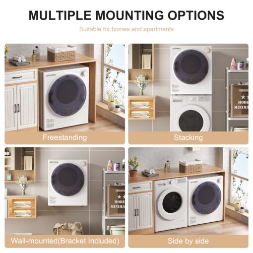 Elevon Portable Clothes Dryer 800W, Compact Dryer for laundry with 5 Drying Modes, 1.95 Cu.ft Front Load Dryer Machine, Stainless Steel Tub for Small Space, Apartments, RVs, Overheat Protection, White - Image 3