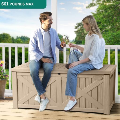 YITAHOME 120 Gallon Large Outdoor Storage Box with X-Shaped Front, Waterproof Resin Deck Box Cushion Storage Bench for Patio, Pool Supplies, Garden Tools- Lockable, Taupe - Image 6