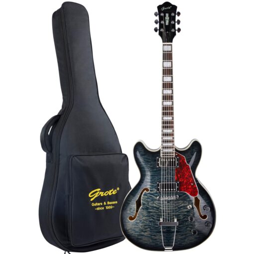 GROTE Jazz Electric Guitar Semi-Hollow Body Trapeze Tailpiece Bridge Guitar Gig Bag(Black02)