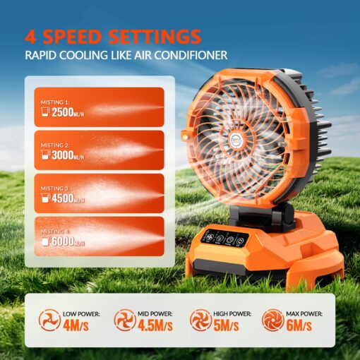 Portable Misting Fan, 30000mAh Rechargeable Battery Powered, Floor Cooling Fan 4 Strong Winds, 4 Spray Mister, Adjustable Base for 10-13in Water Tank, Outdoor Fans for Camping(No Bucket Included) - Image 9