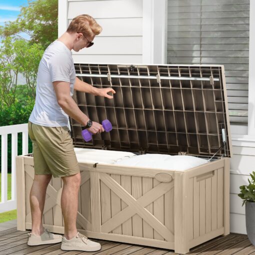 YITAHOME 120 Gallon Large Outdoor Storage Box with X-Shaped Front, Waterproof Resin Deck Box Cushion Storage Bench for Patio, Pool Supplies, Garden Tools- Lockable, Taupe - Image 5