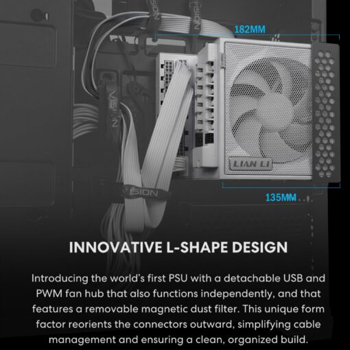 Lian Li Edge Serie - 1200W Full Modular Power Supply (Fan USB Hub Included) - Gold - ATX 3.1 - PCIE 5.1 Support - 12V-2x6 Connector - L-Shape Design for Dual Chamber Case - White (EG1200G.WH) - Image 6