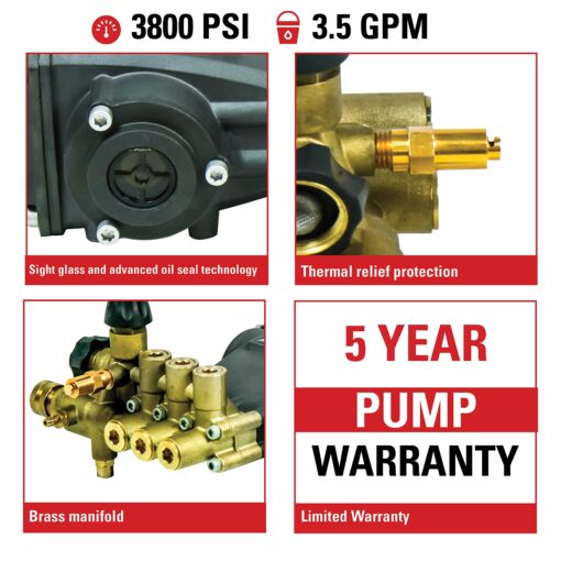 AAA Pumps 90038 Horizontal Triplex Plunger Replacement Pressure Washer Pump Kit, 3800 PSI, 3.5 GPM, 1" Shaft, Includes Hardware and Siphon Tube, for Industrial Gas Powered Machines, Black - Image 7