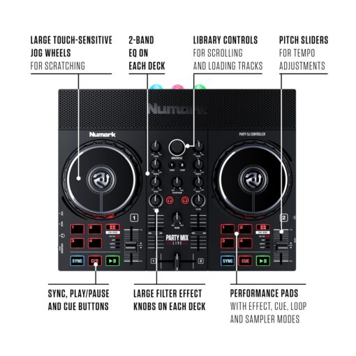 Numark Party Mix Live - DJ Controller with Built in Speakers, Party Lights and DJ Mixer, Complete Dj Set with Mixer and Audio Interface + Serato DJ Lite - Image 5