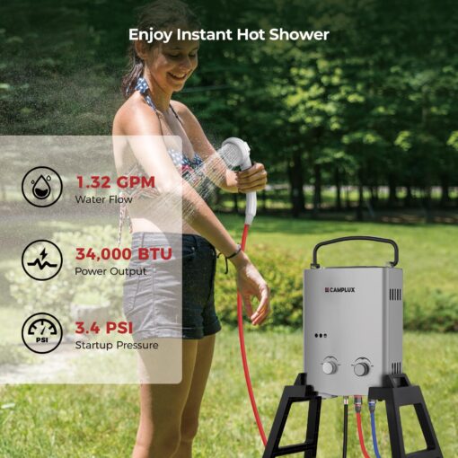 CAMPLUX 1.32 GPM Portable Outdoor Tankless Water Heater Propane Instant Hot Camping Shower Pump w/Freestanding Stand and Carry Bag, AY132GMax, Gray - Image 7
