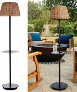 B&R Lighting Solar Outdoor Floor Lamp with Table - Cordless Outdoor Floor Lamp - Patio, Porch, Garden - Rattan Wicker Lights for Outside - Waterproof, Rechargeable, Weatherproof