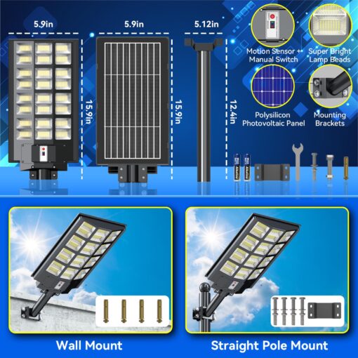 Solar Street Light Solar Street Lights Outdoor Dusk to Dawn Solar Power Lights IP66 Waterproof 6500 K LED Street Light with Motion Sensor and Remote Control for Parking Lot (7200, Watts) - Image 4