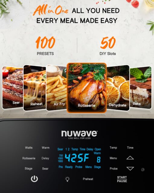 Nuwave Brio 15.5Qt Air Fryer Toaster Oven & Rotisserie Kit, 2024 New Advanced Turbo Convection Tech, Healthy PFAS Free, Max Even & Crisp, Powerful 1800W, 50-425°F, 150 Presets, Smart Probe, 4 Rack - Image 9