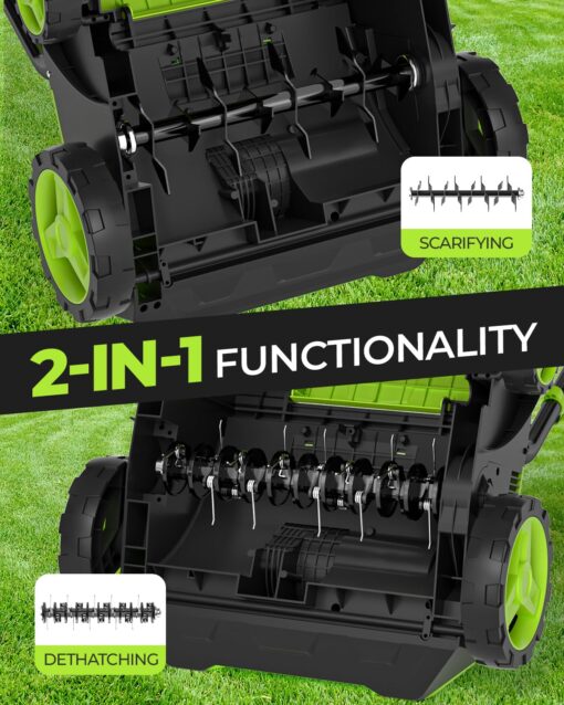 2-in-1 Electric Dethatcher and Scarifier, 13-Inch Raking & Scarifying, Turf Dethatcher & with 4-Position Height Adjustment, 14.5 gal Removable Thatch Bag for Lawn Health - Image 9