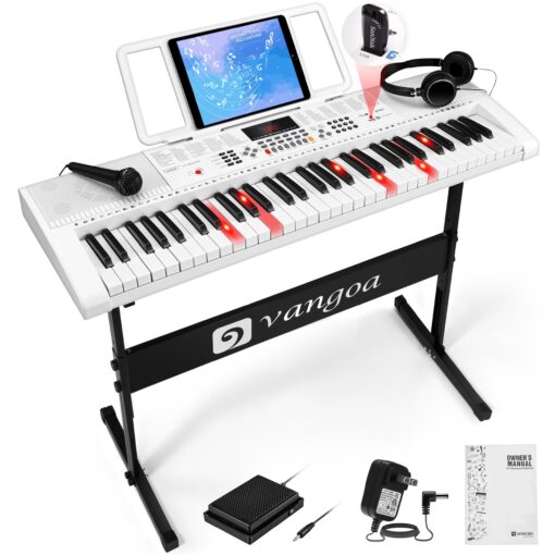 Vangoa Keyboard Piano 61 Key, Full Size Electric Piano Keyboard Light UP Keys with 3 Teaching Modes, Learning Music Keyboard Piano with Stand Headphones for Beginners Students, VGK6101 White