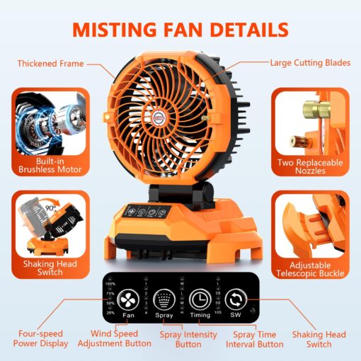 Portable Misting Fan, 30000mAh Rechargeable Battery Powered, Floor Cooling Fan 4 Strong Winds, 4 Spray Mister, Adjustable Base for 10-13in Water Tank, Outdoor Fans for Camping(No Bucket Included) - Image 3