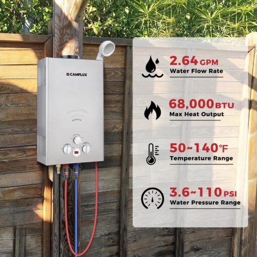CAMPLUX Tankless Water Heater Propane, 2.64GPM Portable Water Heater for Off Grid, Camping, Outdoor Shower, 68,000 BTU Portable Hot Water Heater, BW264G, Gray - Image 7