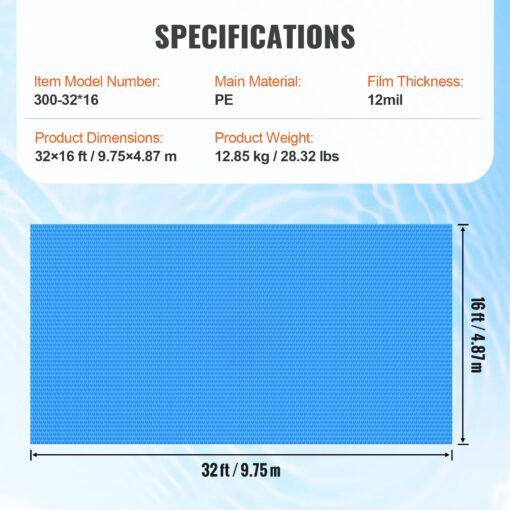 VEVOR Solar Pool Cover, 32 x 16 ft Rectangle Solar Cover 12 mil for Pools, Inground Above Ground Swimming Pool Solar Blanket with Bubble, Heat Retaining Solar Covers Blue - Image 4
