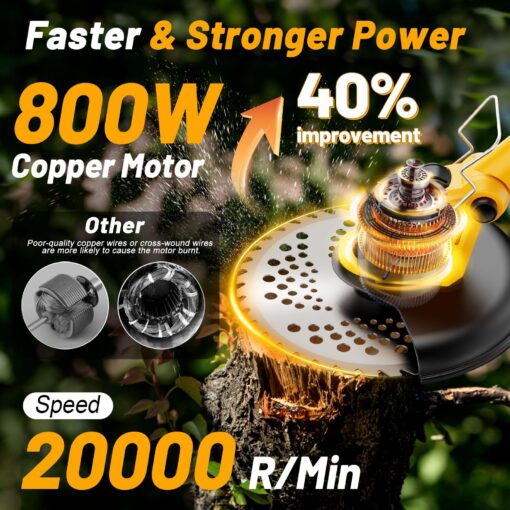 12 Inch Electric Weed Wacker, Lightweight Electric Weed Eater,800W Brushless Motor, 6000mAH, 2 Batteries, Multifunctional Grass Trimmer Lawn Tool,Yellow - Image 9