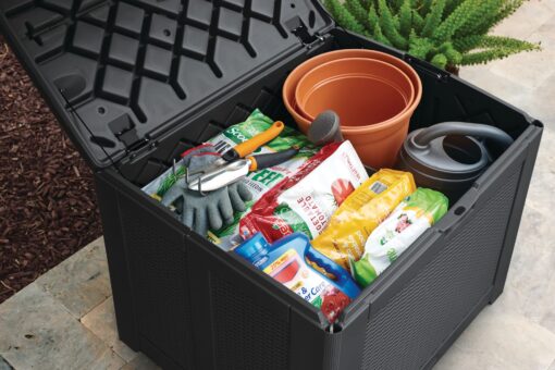 Rubbermaid Medium Resin Outdoor Storage Deck Box (74 Gal), Weather Resistant, Black, Deck Organization for Home/Backyard/Pool Chemicals/Toys/Garden Tools/Porch/Patio Cushions - Image 4