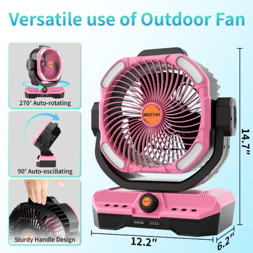 WESTTREE Battery Powered Fan Powerful Airflow Battery Operated Air Circulator Fan for Bedroom,Quiet & 360°Auto Oscillating Rechargeable Camping Fans with LED Light (RGBW) X66 Pink - Image 6