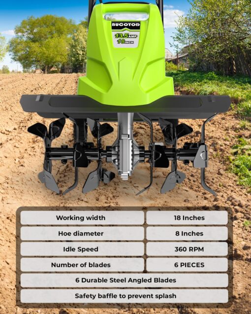 BUCOTOD 18-Inch 13.5 Amp Tiller/Cultivator with 6 Steel Tines, 3-Adjustable Wheels, Foldable Handle, 8'' Tilling Depth Electric Corded Tillers, Electric Garden Rototiller for Garden Lawn Soil Digging - Image 9