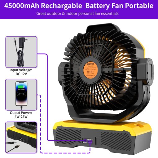 WESTTREE Battery Operated Large Airflow Fan,45000mAh Rechargeable Camping Cordless Fan with 360°Auto Oscillation & Timer, Queit Battery Powered Tent Fans Portable with RGBW Lights for Home X66 Yellow - Image 3