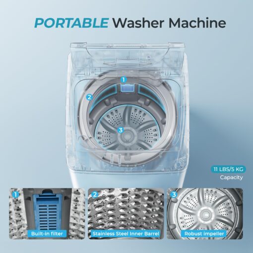 Euhomy 1.59 Cu.Ft. Portable Washing Machine, 11 LBS Capacity, 8 Functions, 8 Water Levels,Full Size Washing Machine with Drain Pump and LED Display for Apartments, RVs, Homes, Gray - Image 4