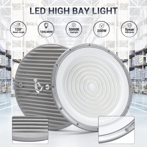 XYCN 10 Pack 200W UFO Led High Bay Light,120VAC,5000K Daylight Commercial Bay Lighting,IP66 Waterproof,30500LM,850W MH/HPS with Plug Area Lighting for Warehouse/Shop/Workshop/Garage/Barn/Gym/Factory - Image 6